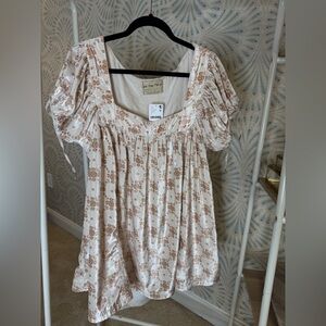 Free People Cream and Brown Floral Blouse Size L NWT